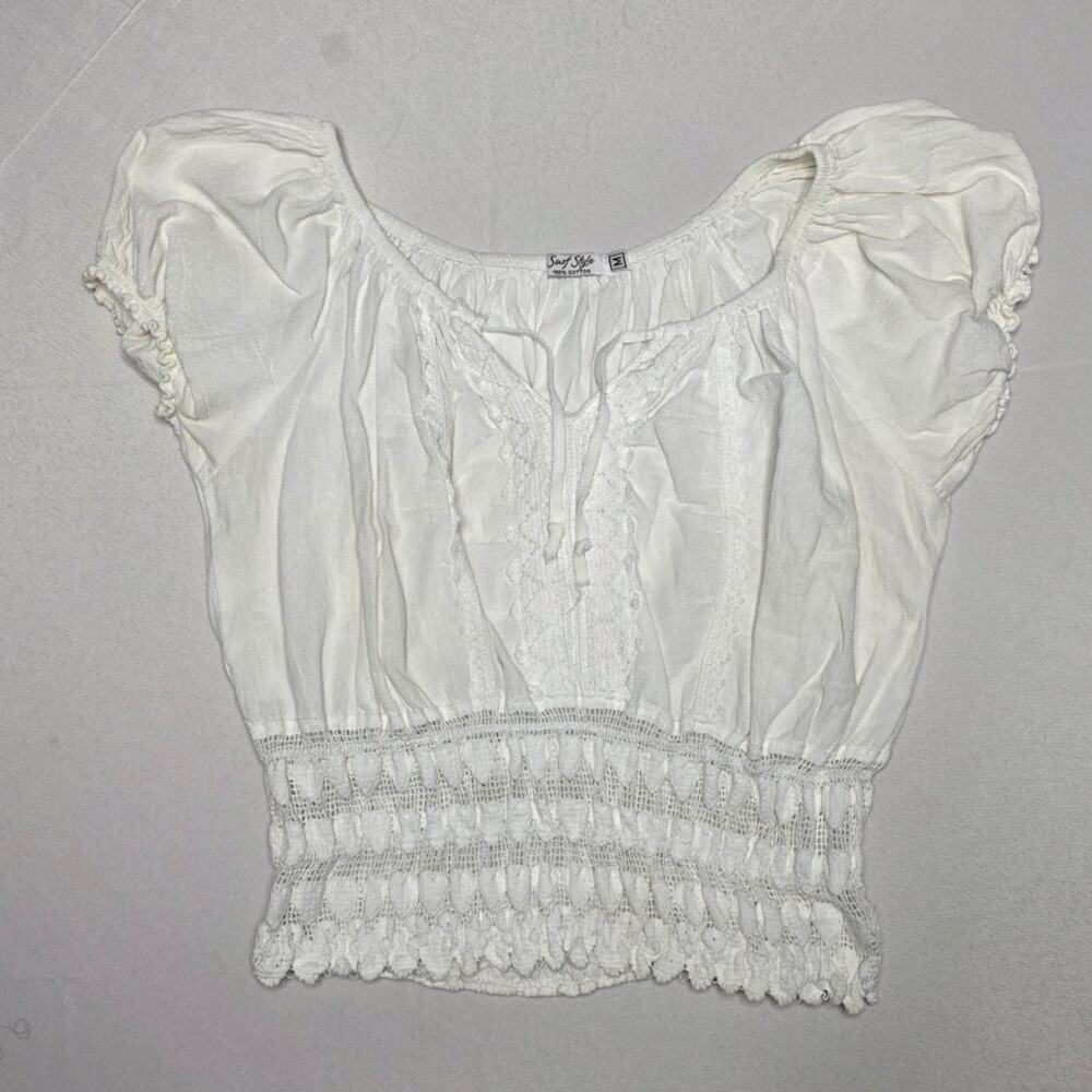 Surf Style White Cotton Smocked Peasant Top Size M